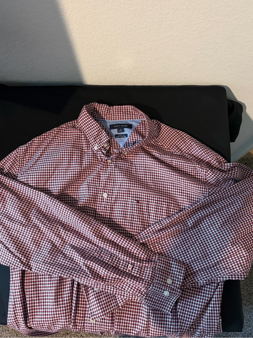 Tommy Hilfiger Men's Red and White Gingham Button-Down Shirt